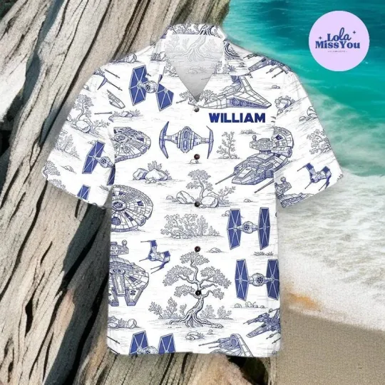 Discover Personalized Sci Fi Spaceship Shirt, Custom Name Space Button Up, Galactic Illus