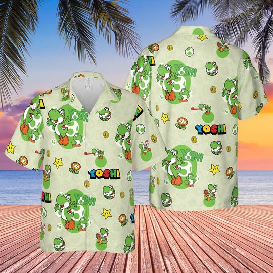 Discover Yoshi Green Hawaiian Shirt, Super Mario Button Up, Video Game Aloha Shirt