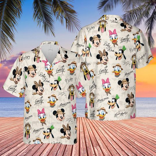 Discover Safari Mickey Mouse Minnie Hawaiian Shirt, Disney Animal Kingdom Button Up, Green Jungle Adventure Shirt