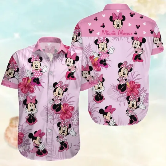 Discover Disney Minnie Mouse Pink Palm Tree Leaves Aloha Hawaiian Shirt