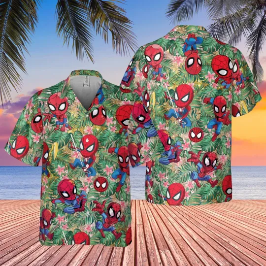 Discover Disney Spiderman Funny Chibis Green Tropical Gift For Fans Hawaiian Shirt