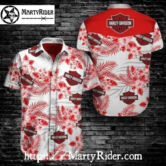 Discover Red Floral Burst Harley Motor Racing Davidsonn Aloha Shirt With Logo