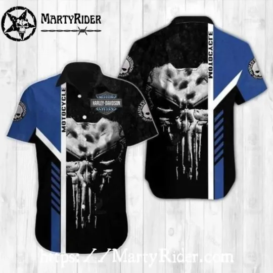 Discover Skull Punisher Harley Motor Racing Davidsonn Aloha Shirt With Blue Stripes