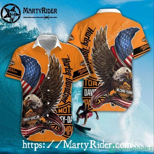Discover Patriotic Eagle Flag Harley Motor Racing Davidsonn Aloha Shirt Orange