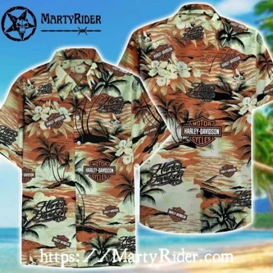 Discover Vintage Desert Palm Harley Motor Racing Davidsonn Hawaiian Shirt Red Tan