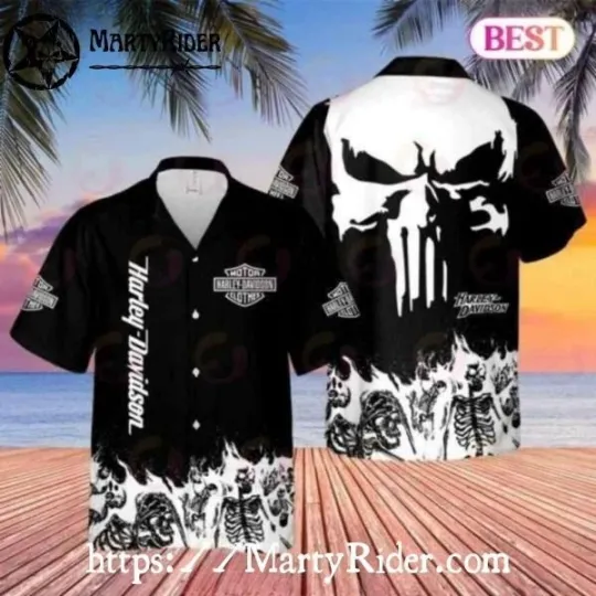 Discover Skeleton Punisher Harley Motor Racing Davidsonn Aloha Shirt In Monochrome