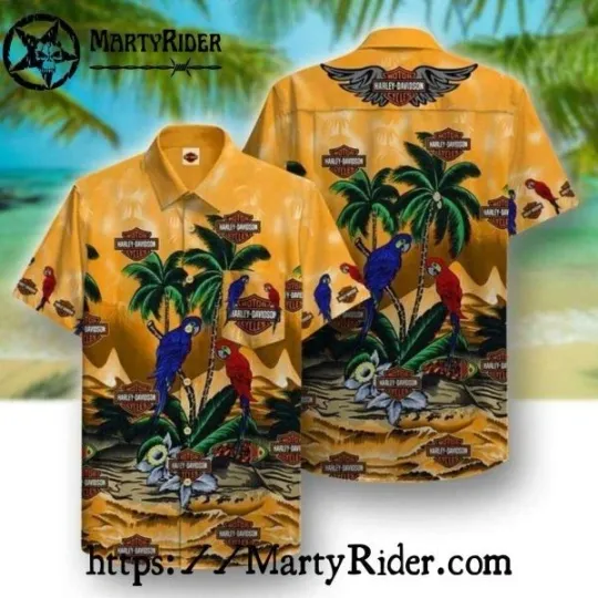 Discover Tropical Parrot And Palm Harley Motor Racing Davidsonn Aloha Shirt