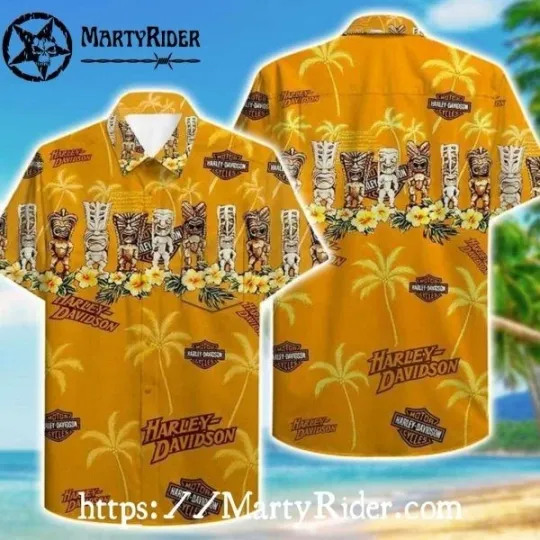 Discover Tiki Totem And Floral Harley Motor Racing Davidsonn Aloha Shirt Yellow