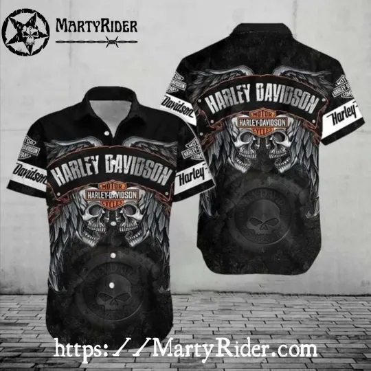 Discover Winged Skull Harley Motor Racing Davidsonn Aloha Shirt With Dark Tattoo Style