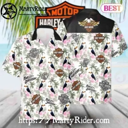 Discover Tropical Toucans And Logos Harley Motor Racing Davidsonn Aloha Shirt