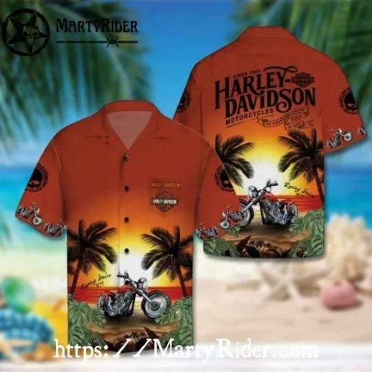 Discover Sunset Cruiser Harley Motor Racing Davidsonn Hawaiian Shirt With Palms