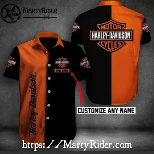 Discover Two-Tone Orange And Black Harley Motor Racing Davidsonn Aloha Shirt Custom Name
