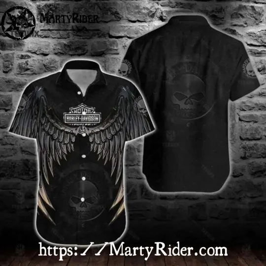 Discover Winged Skull Harley Motor Racing Davidsonn Black Button Shirt