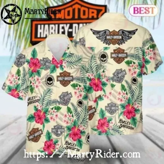 Discover Tropical Cream Harley Motor Racing Davidsonn Aloha Shirt With Hibiscus Print