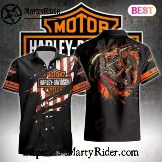 Discover Skeleton Rider In Flames Harley Motor Racing Davidsonn Hawaiian Shirt