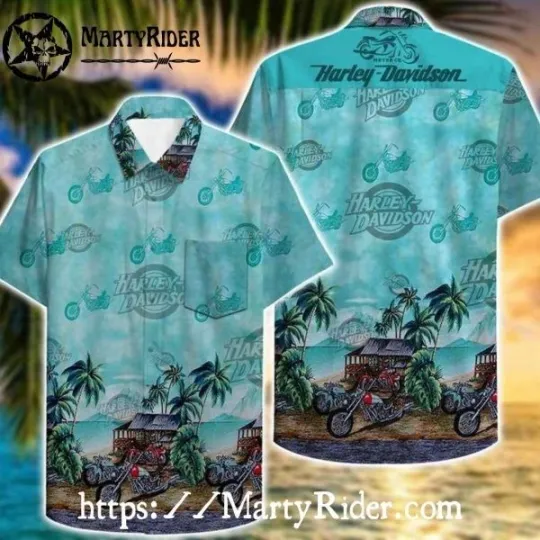 Discover Tropical Garage Scene Harley Motor Racing Davidsonn Aloha Shirt Aqua Blue