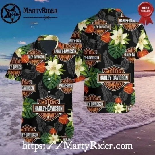 Discover Tropical Flowers Logo Harley Motor Racing Davidsonn Aloha Shirt Black
