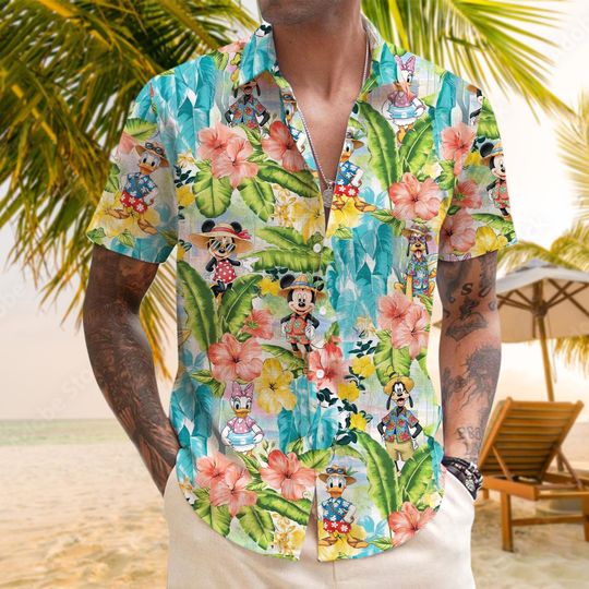 Discover Mickey Minnie Daisy Donald Hawaiian Shirt, Disney Tropical Floral Button Up, Summer Island Characters Shirt, Vacation Aloha Gift