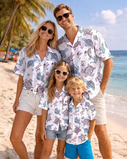 Discover Bohemian Sea Turtle Hawaiian Shirt, Mandala Tribal Turtle Aloha Shirt, Family Matching Beach Vacation Hawaii Shirt