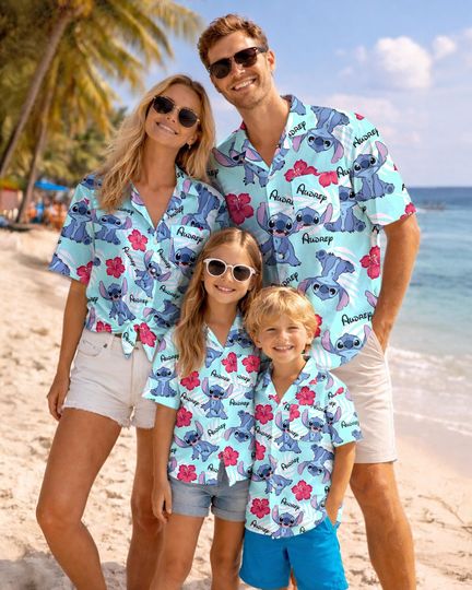 Discover Custom Name Matching Family Stitch Tropical Hawaiian Shirt, Tropical Leaf Aloha Shirt, Summer Beach Vacation Outfit