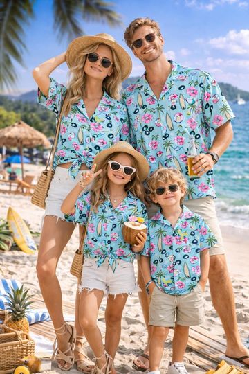 Discover Matching Family Surf Hawaiian Shirt, Tropical Leaf Aloha Shirt, Summer Beach Vacation Outfit