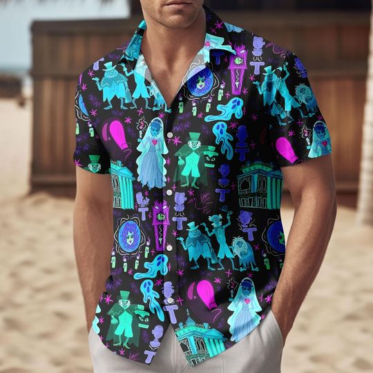 Discover Haunted Mansion Neon Ghosts Button Shirt, Disney Spooky Vacation Shorts, Halloween Party Outfit, Disney Haunted Mansion Movie Shirt