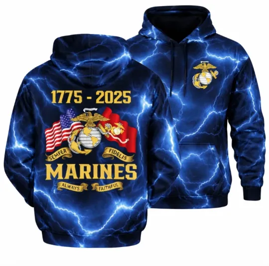 Discover 250 Years Marine Corps Hoodie 3D , American Flag & Usmc Flag Back Graphic