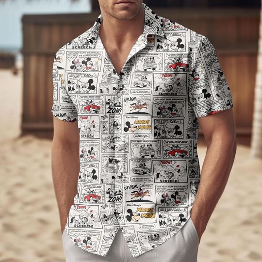 Discover Mickey Mouse Comic Hawaiian Shirt, Retro Disney Comic Button Shirt, Disney Park Outfit, Disneyland Vacation Shirt, DisneyWorld Shirt