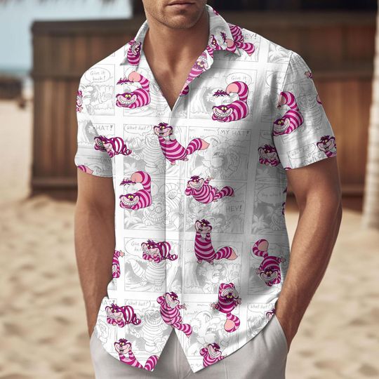 Cheshire Cat Hawaiian Shirt, Alice in Wonderland Button Shirt and Shorts, Cartoon Vacation Outfit, Summer Gift For Father, Button Gift
