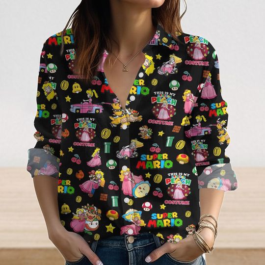 Super Mario Princess Peach Blouse Shirt, Princess Peach Women Shirt, Game Button Up Shirt, Long Sleeve Shirt, Summer Shirt, Blouses Top