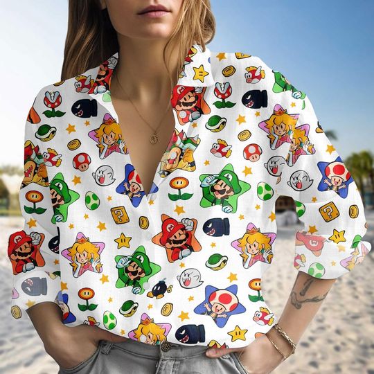 Super Mario Linen-Look Shirt, Retro Game Character Blouse Shirt, Nintendo Inspired Beach Vacation Top, Gamer Gift for Her