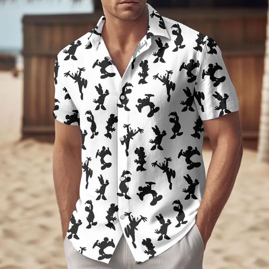 Discover Disney Silhouette Characters Button Shirt, Mickey Minnie Donald Pluto Aloha Shirt, Cute Cartoon Summer Beach Shirt, Vacation Gift