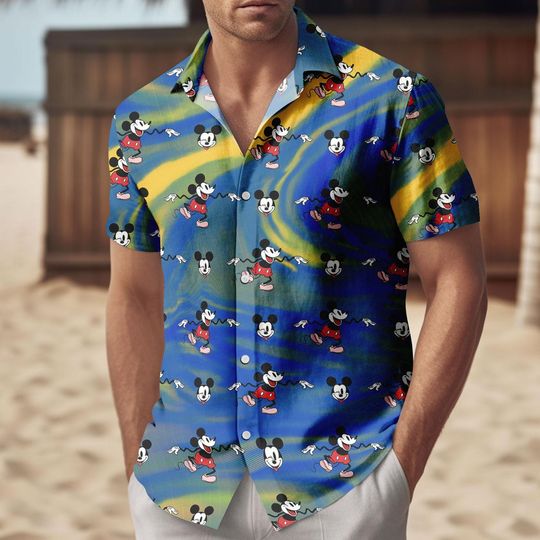 Discover Mickey Mouse Button Shirt, Disney Swirl Cartoon Aloha Top, Disney Summer Beach Shirt, Vacation Button Down Gift, Summer Gift