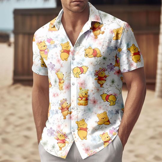 Discover Winnie the Pooh Button Shirt, Bear Floral Aloha Shirt, Cute Cartoon Summer Top, Beach Vacation Button Down, Gift for Disney Fan