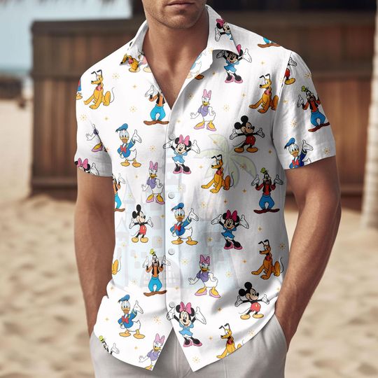 Discover Disney Mickey Friends Hawaii Shirt, Mickey Minnie Donald Goofy Pluto Button Shirt, Disney Family Trip Beach Shirt, Summer Shirt