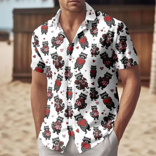Discover Raccoon Valentine Button Shirt, Cute Animal Button Up Shirt for Men, Love Heart Summer Hawaiian Shirt, Valentine Gift For Him