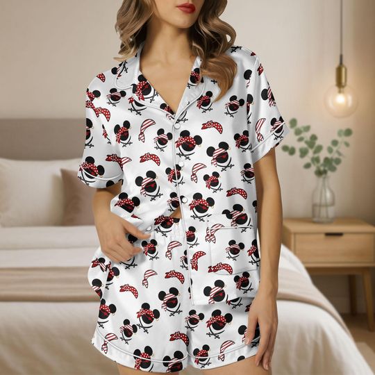 Discover Pirate Mickey Satin Pajamas Set, Minnie and Mickey Pirate Sleepwear, Cute Summer Matching Shorts Set, Cruise Vacation Outfit