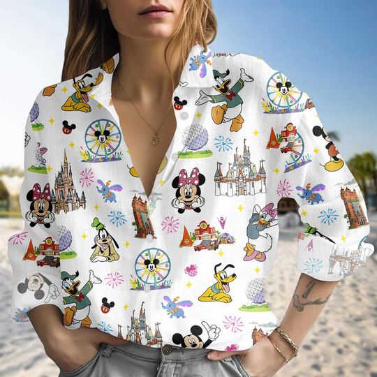 Discover Retro All Characters Disneyland Linen-Look Shirt, Disneyland Blouse Shirt, Space Mountain Shirt, Mickey and Friends Disney 2026 Trip