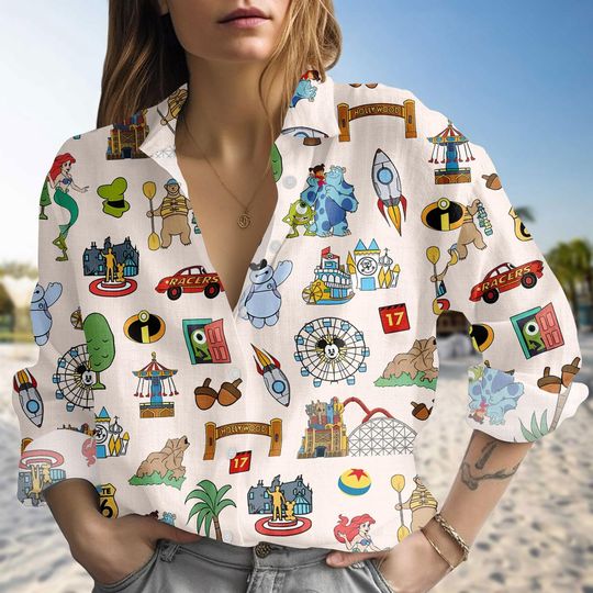 Discover Disneyland Pixar Linen-Look Shirt, Space Mountain Blouse Shirt, Disneyland Trip Casual Women Shirt, Disney Park Collage Shirt