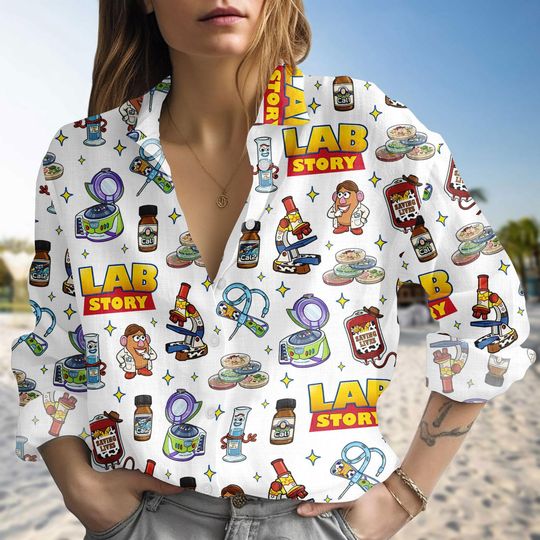 Discover Disneyland Toy Story Lab Week Linen-Look Shirt, Buzz Lightyear Woody Jessie Bo Peep Lab Story Blouse Shirt, Lab Team Group Casual Shirt