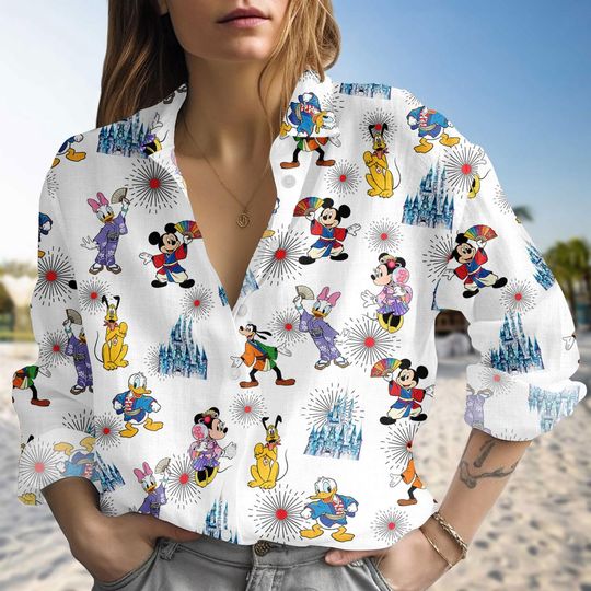 Discover Disneyland Tokyo Blouse Shirt, Mickey and Friends Disneyland Tokyo Japan Casual Shirt, Disney Japan Linen-Look Shirt, Gift For Her