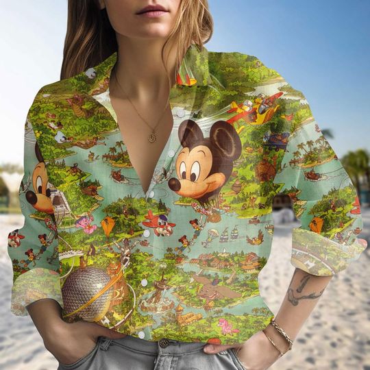 Discover Mickey Mouse Tropical Island Map Linen-Look Shirt, Walt Disney World Map Blouse Shirt, Disney Trip Beach Aloha Shirt Gift for Her