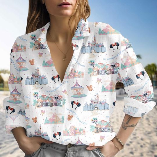Discover Disneyland Linen-Look Shirt, Walt Disneyworld Blouse Shirt, Happiest Place On Earth Shirt, Mickey and Friends Shirt, Space Mountain