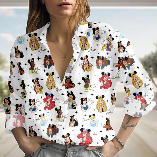 Discover Disney Princess Linen-Look Shirt, Magic Castle Princess Blouse Shirt, Disney Princess Signature Sketch Shirt, Disneyland Trip Shirt