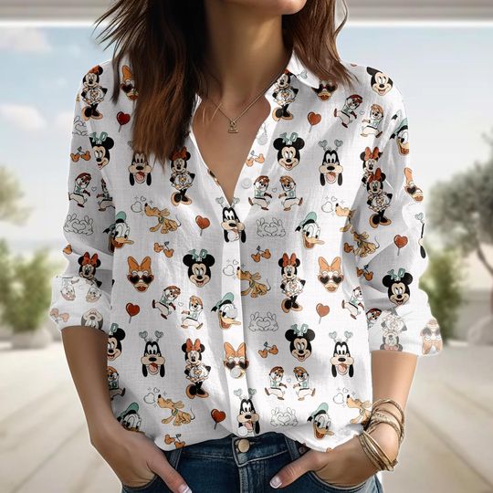 Discover Mickey and Friends Cute Linen-Look Shirt, Disney Trip Character Blouse Shirt, Disney Park Vacation Outfit, Disneyland Gift, Gift For He