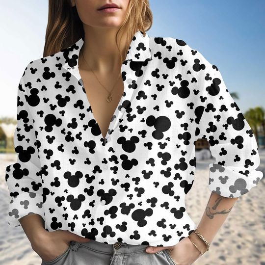 Discover Disney Mickey Mouse Linen-Look Shirt, Disney Mouse Blouse Women Shirt, Mickey Cartoon Casual Shirt, Magic Kingdom Shirt, Gift For Her