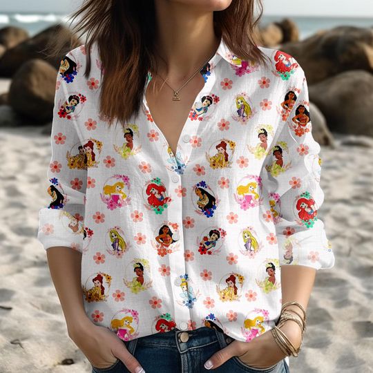 Discover Disney Princess Linen-Look Shirt, Ariel Belle Tiana Rapunzel Casual Blouse Shirt, Cute Disneyland Vacation Outfit, Disney Trip Gift