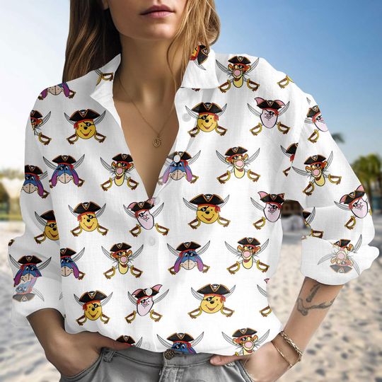 Pirate Winnie The Pooh Character Casual Shirt, Cute Disney Cruise Blouse for Women, Pooh Bear Summer Vacation Top, Disney Trip Shirt
