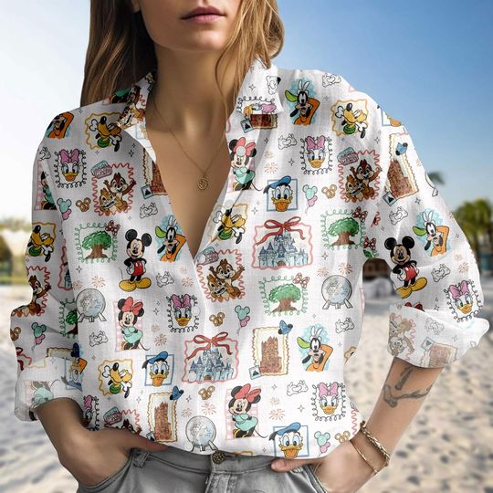 Discover Disney Park Casual Shirt for Women, Mickey and Friends Castle Graphic Blouse Shirt, Cute Vacation Button Up Summer Top, Gift For Her