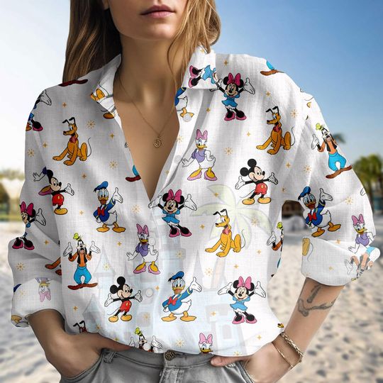 Discover Disney Mickey and Friends Casual Shirt for Women, Disney Character Summer Blouse Shirt, Cute Park Vacation Button Up Top, Disney Trip